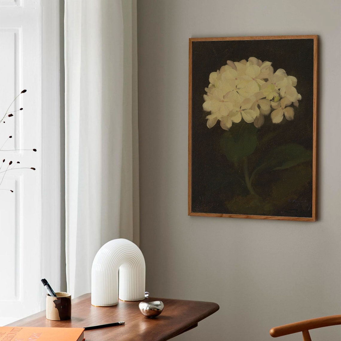 White Hydrangea Moody Dark Background Vintage Oil Painting Poster - Image 3