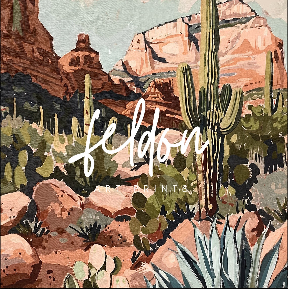 Arizona Desert Saguaro Cactus Red Rocks Colorful Painting Poster - Image 2