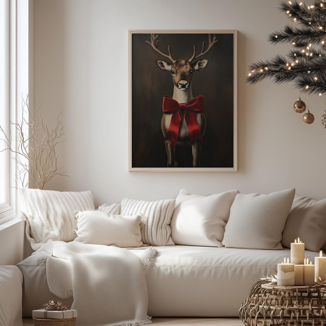 Majestic Deer With Red Bow Dark Moody Winter Portrait Art Poster - Image 4