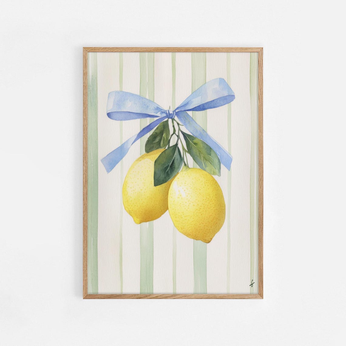 Lemon Watercolor Blue Bow Sage Striped Citrus Kitchen Poster