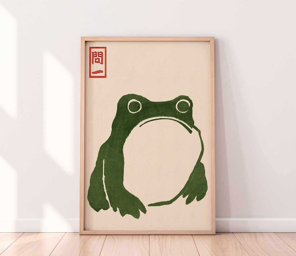 Japanese Vintage Frog Woodblock Art Green Ink Red Seal Poster - Image 3