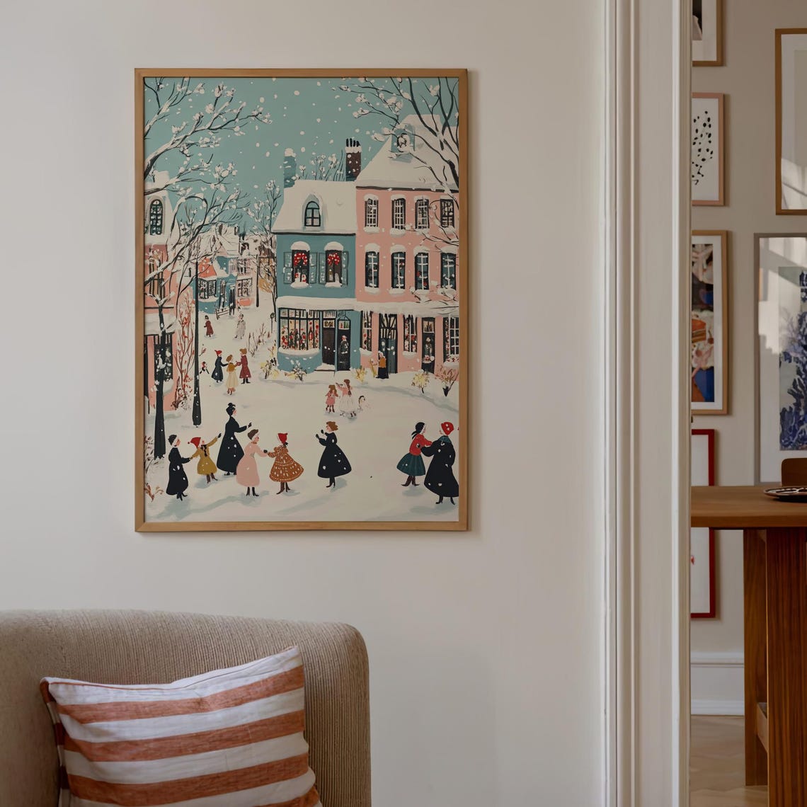 Whimsical Pastel Christmas Village Snow Dancing Scene Poster - Image 4