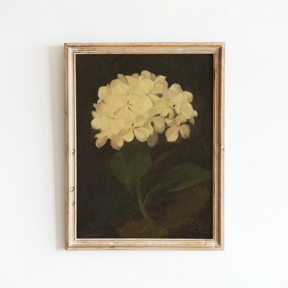 White Hydrangea Moody Oil Painting Farmhouse Botanical Wall Art Still Life Art Print Vintage Flower Print