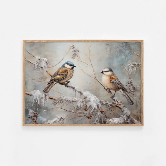Antique Bird Art Print Vintage Farmhouse Decor Nursery Winter Oil Painting Landscape Painting Snowy Scenery Vintage Farmhouse Print