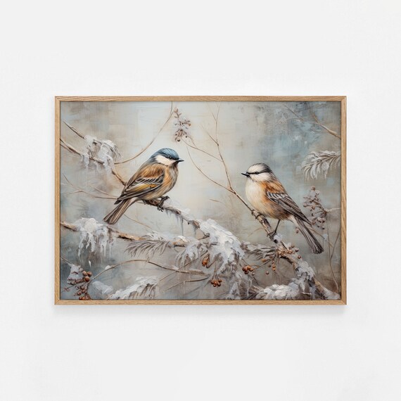 Two Winter Birds Snowy Branches Vintage Bird Painting Poster