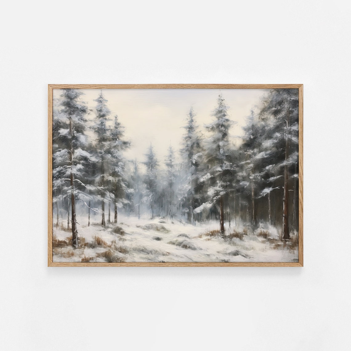 Snowy Pine Forest Winter Landscape Misty Painting Wall Poster