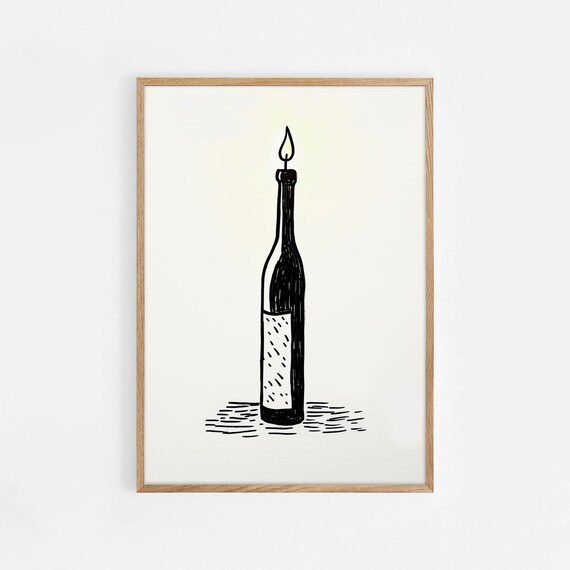 Burning Candle Wine Bottle Black Minimal Line Drawing Poster