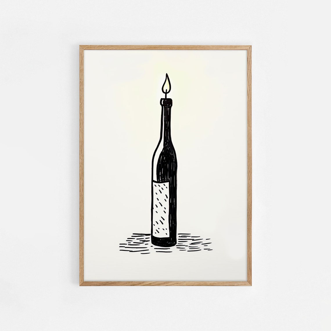 Burning Candle Wine Bottle Black Minimal Line Drawing Poster