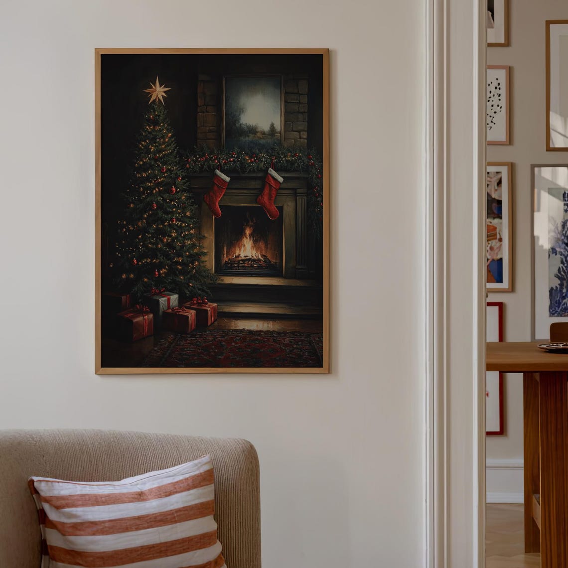 Cozy Christmas Living Room Fireplace Tree Night Scene Poster - Image 3