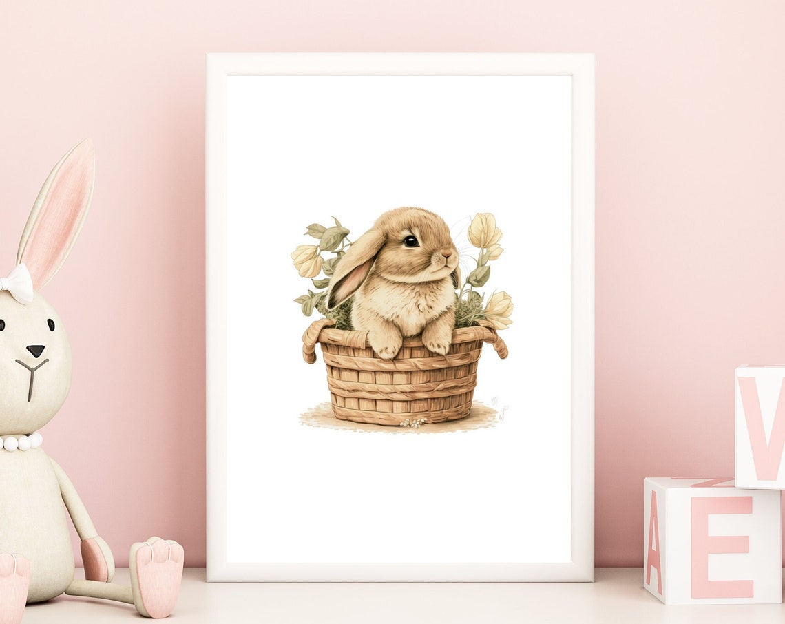 Adorable Bunny in Wicker Basket Floral Nursery Wall Decor Print