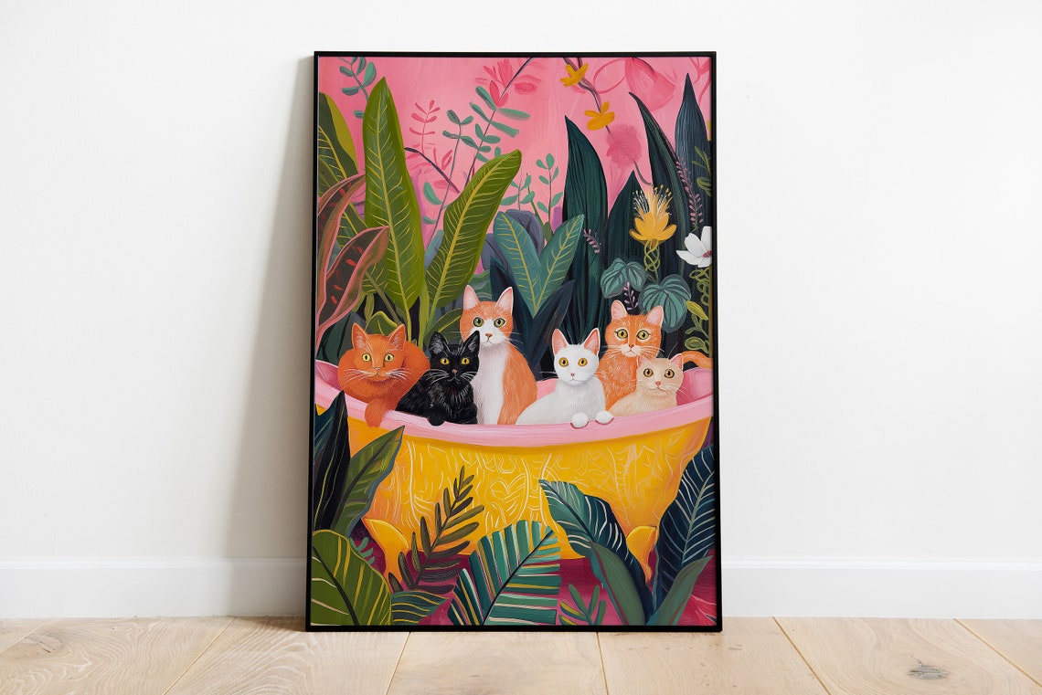 Six Playful Cats in a Yellow Bathtub with Tropical Plants Poster