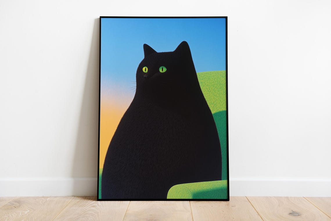 Chunky Black Cat with Green Eyes Against Sunset Gradient Poster