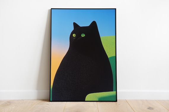 Chunky Black Cat with Green Eyes Against Sunset Gradient Poster