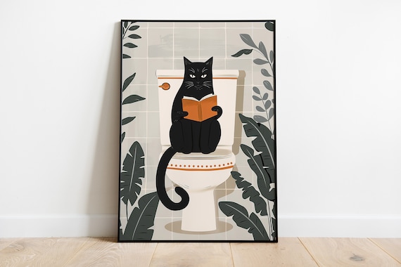 Black Cat Reading Book on Toilet Botanical Bathroom Funny Cat Poster