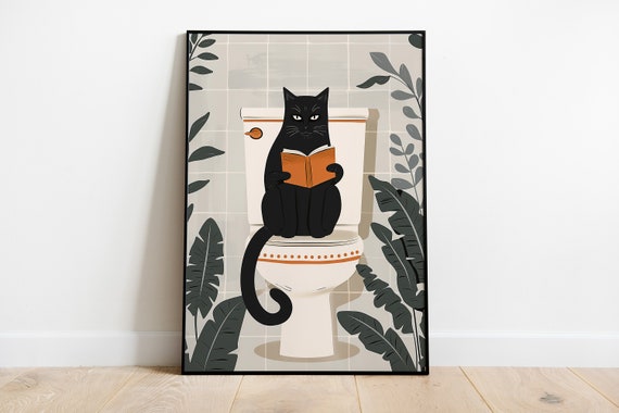 Cat On Toilet Print Botanical Bathroom Wall Art