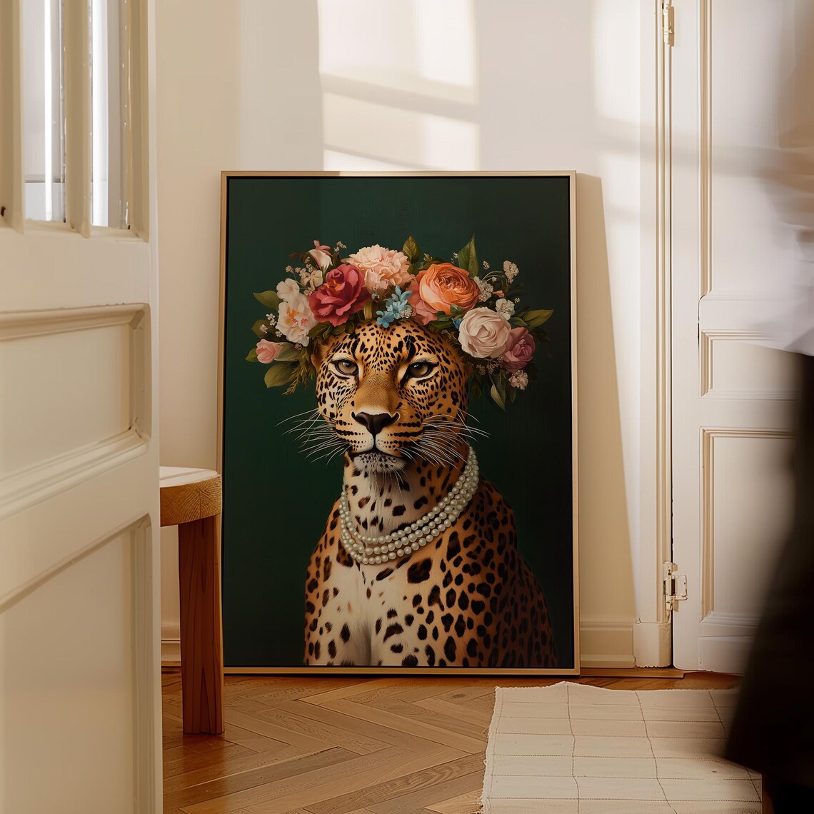 Leopard Eclectic Floral Art Print, Pearl Necklace