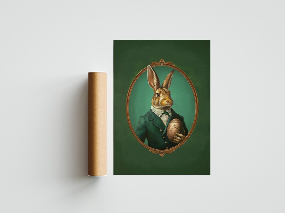 Gentleman Hare in Emerald Green Suit Vintage Easter Portrait Poster - Image 3