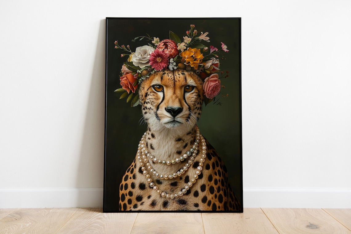 Cheetah Portrait Print, Eclectic Floral Animal