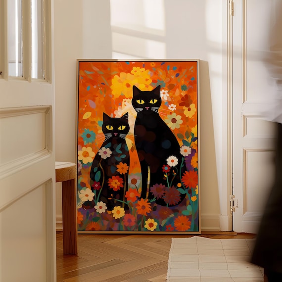 Two Black Cats Among Vibrant Flowers Orange Floral Canvas Print