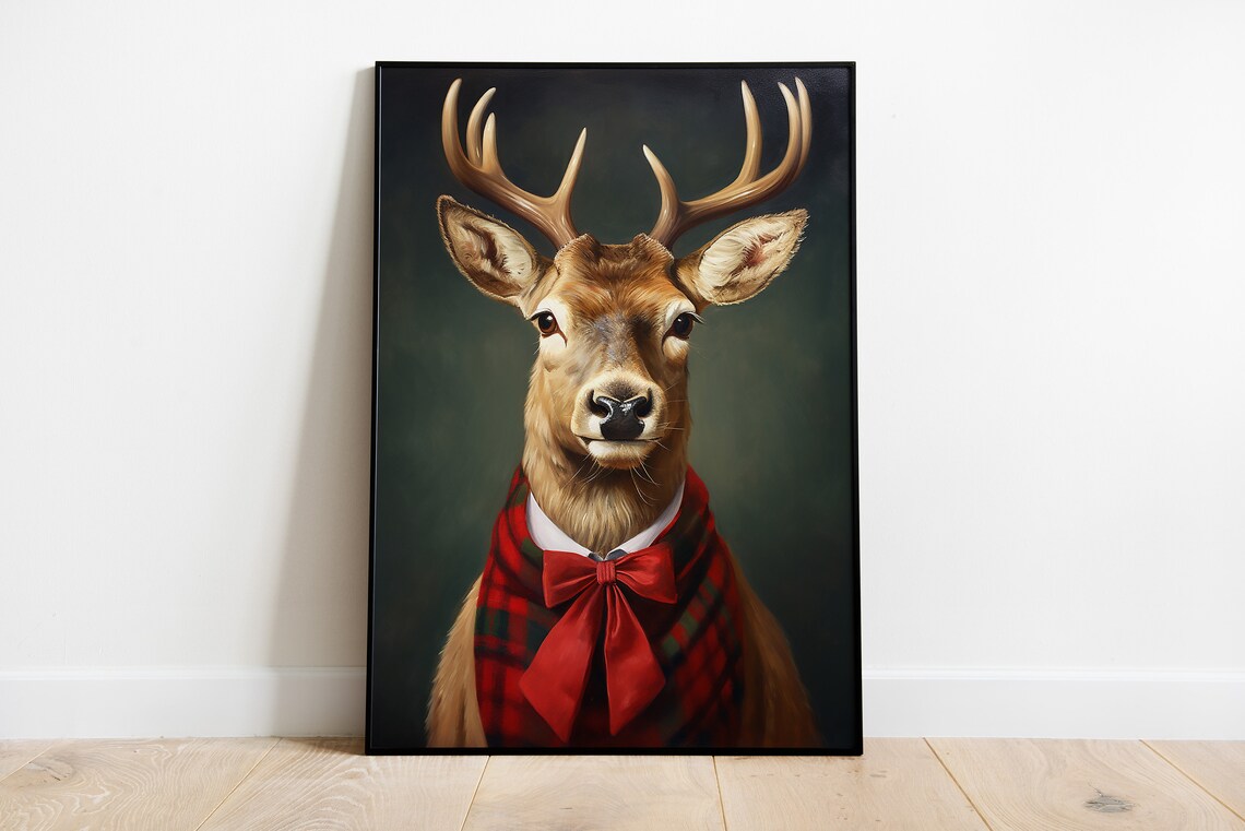 Christmas Reindeer Portrait Art Print, Holiday