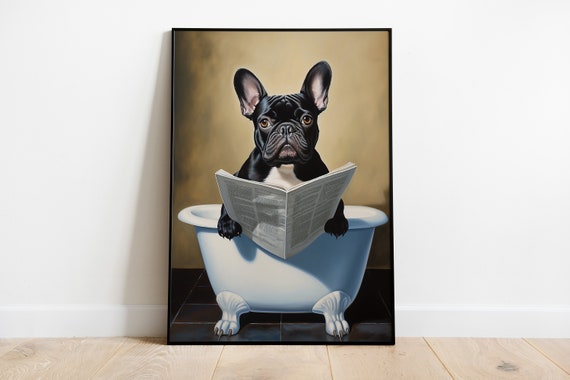 Funny French Bulldog In Bath Print Bathroom Wall Art