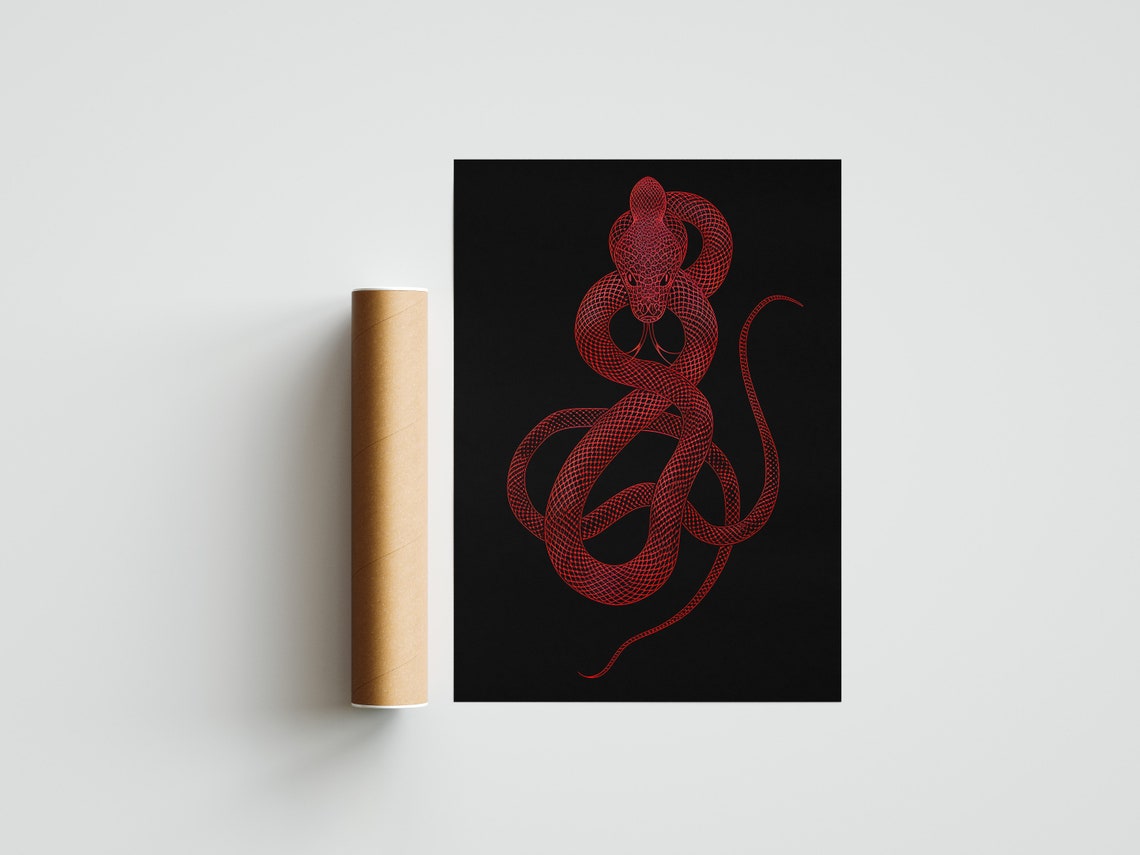 Striking Red Cobra Coiled Intricate Line Art Gothic Snake Poster - Image 3