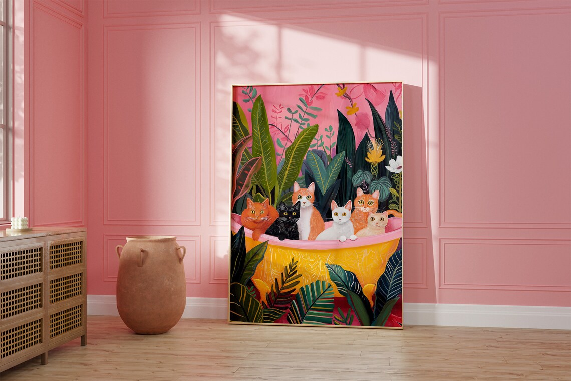 Six Playful Cats in a Yellow Bathtub with Tropical Plants Poster - Image 4