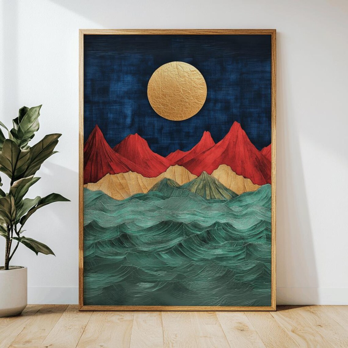 Yayoi Kusama Style Red Mountain Peaks Gold Sun Teal Waves Poster