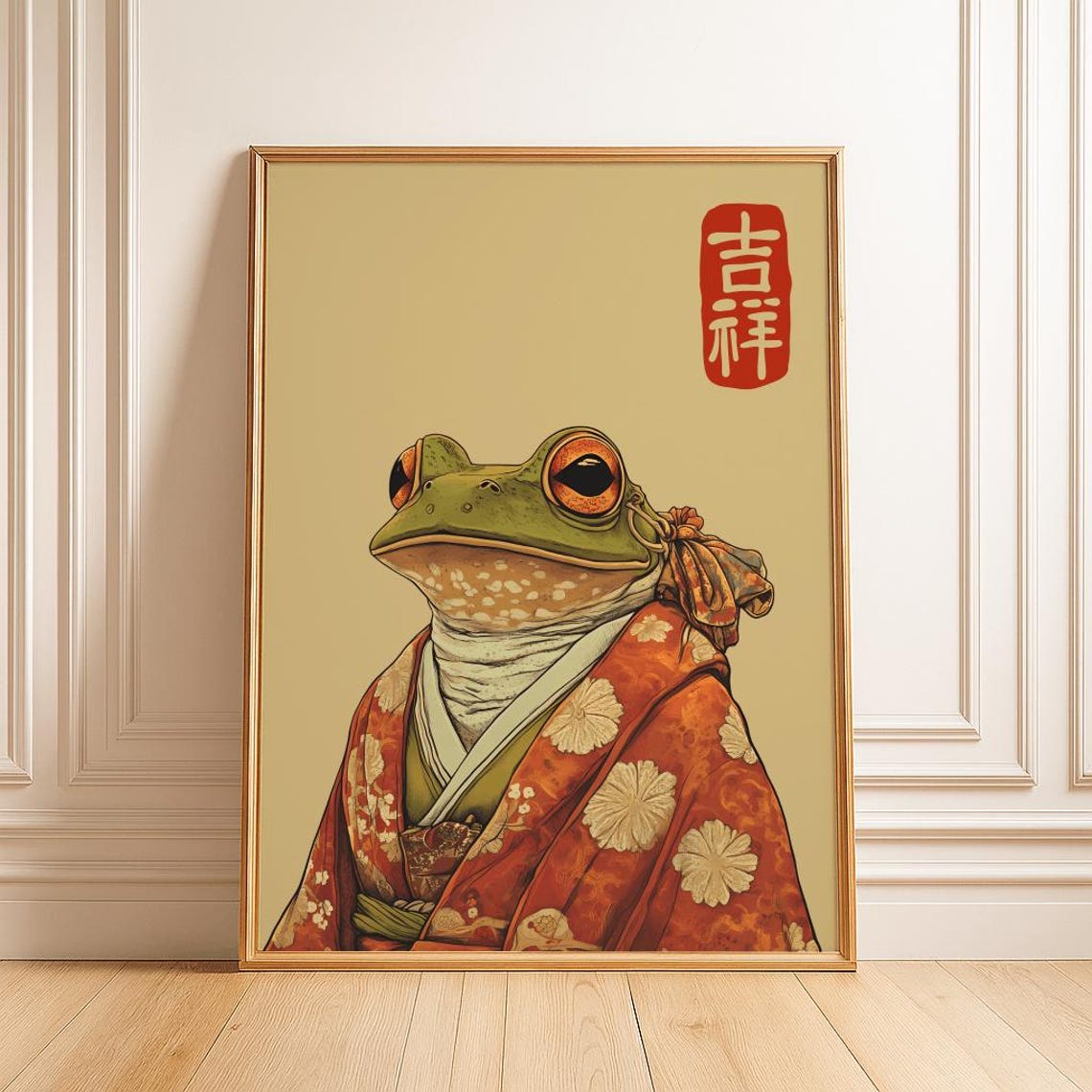Japanese Frog in Kimono Vintage Woodblock Style Animal Wall Art - Image 3
