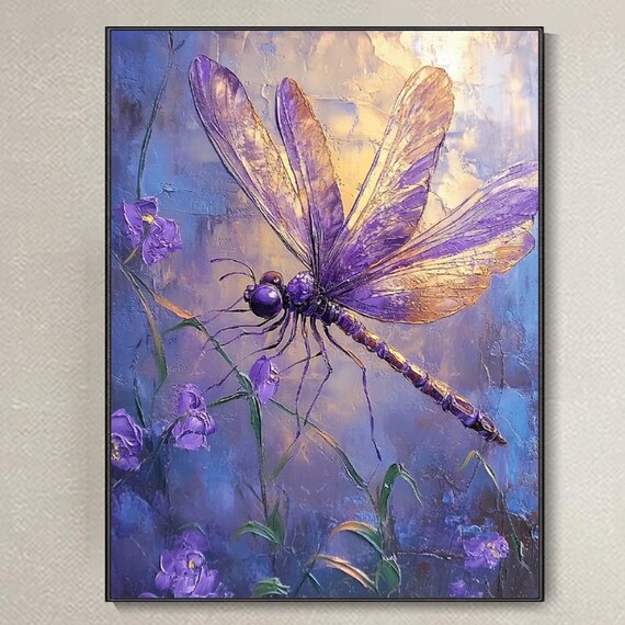 Purple Dragonfly Animal Painting Hand Abstract Nature Original Oil Textured Flower Scenery Decor Wall Art Custom Contemporary Artwork