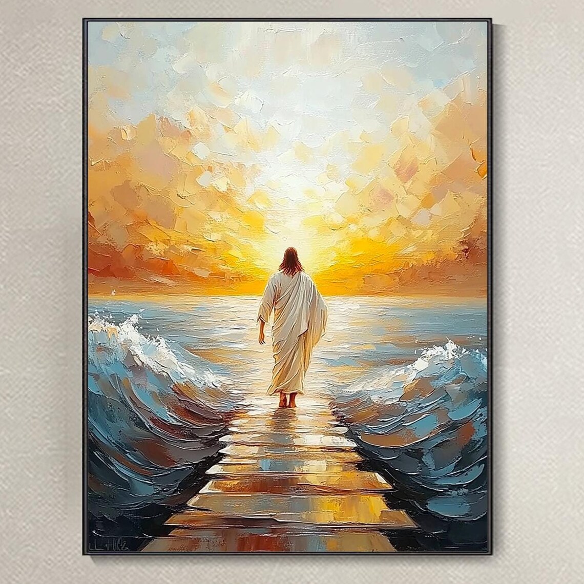 Jesus Walking On Water Toward Heavenly Light Christian Poster