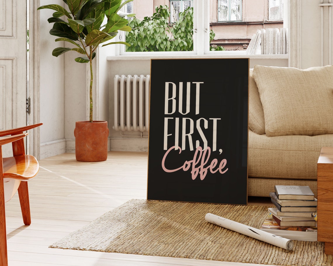 But First Coffee Pink Script Black Kitchen Wall Decor Poster - Image 3