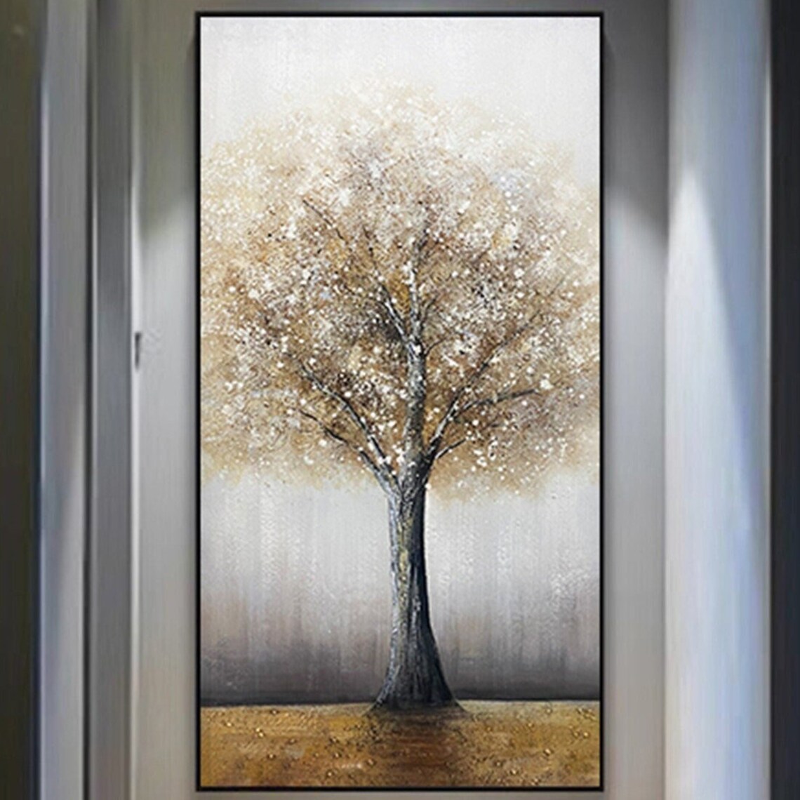 Abstract Tree Art Print, Gray Acrylic Texture, Gold