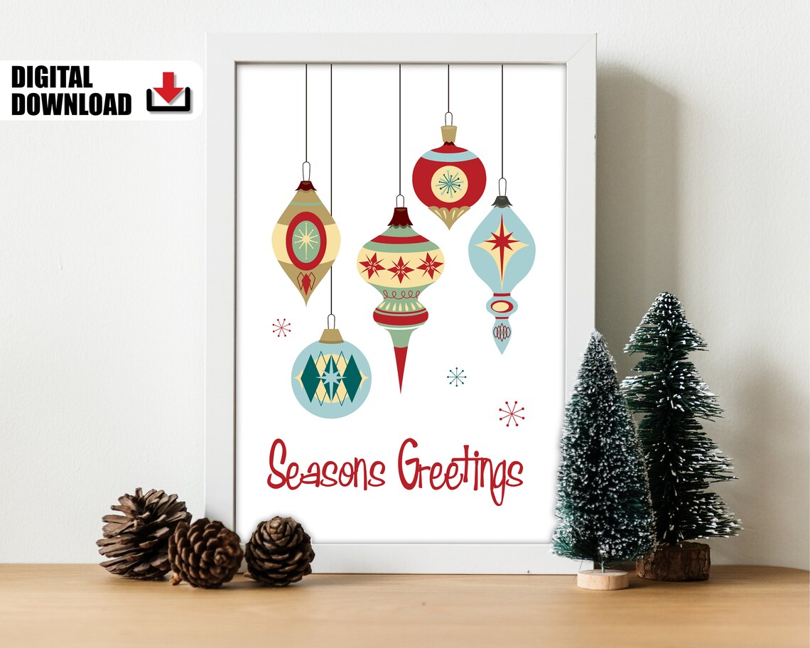 Mid Century Christmas Baubles Seasons Greetings Retro Holiday Poster - Image 2