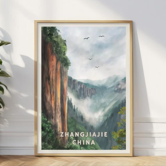 Zhangjiajie China Poster Chinese Mountain Wall Art Misty Cliff Nature Print Forest Landscape Decor Asia Travel Home Office Art