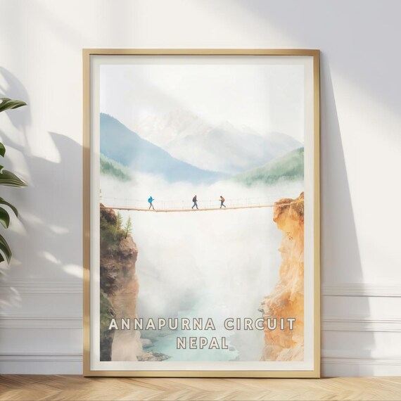 Annapurna Circuit Poster Nepal Trekking Print Suspension Bridge Wall Art Himalayan Landscape Decor Trek Hiking Adventure Travel Artwork