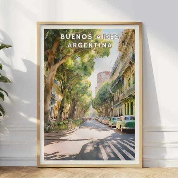 Buenos Aires Argentina Poster Vintage Street Scene Wall Art Classic Cars Trees Print South America Travel Decor Latin Cityscape Art