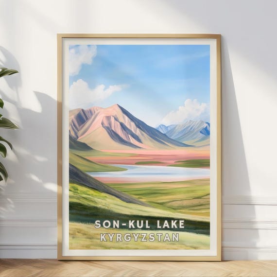 Son Kul Lake Poster Kyrgyzstan Travel Print Mountain Lake Wall Art Central Asia Landscape Nomadic Nature Decor Yurt Camping Home Office