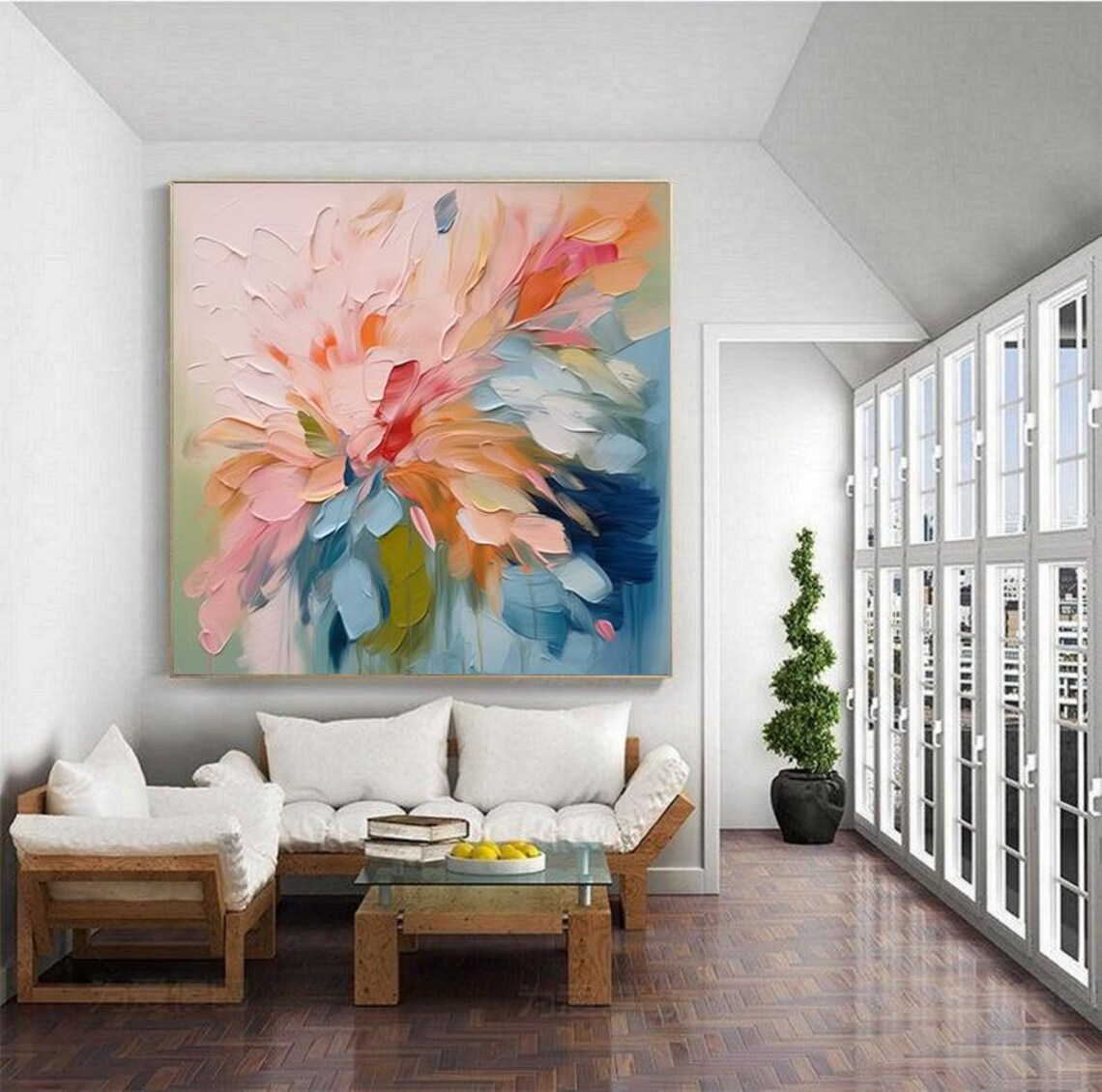 Blush Pink Teal Abstract Bloom Impasto Floral Petal Art Poster - Image 4