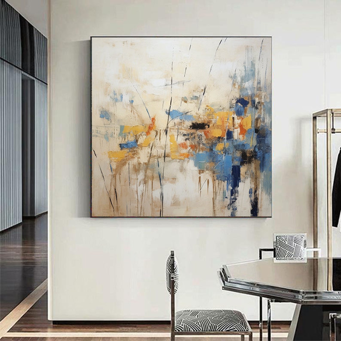 Cream Blue and Mustard Abstract Brushwork Square Wall Poster - Image 6
