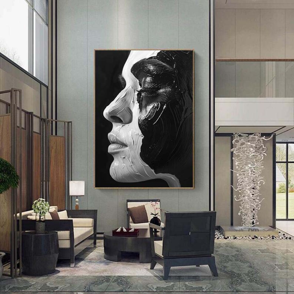 Abstract Black and White Facial Oil Painting Art Print - Image 2