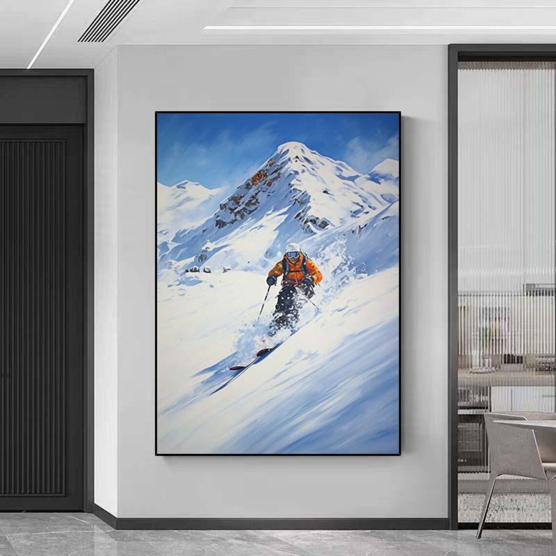 Snowy Mountain Skier Orange Jacket Powder Slope Sports Painting Poster - Image 5