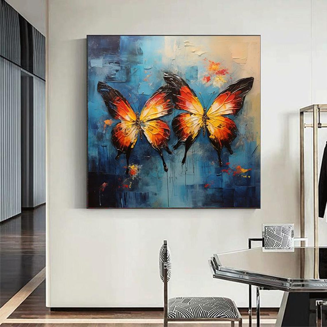 Orange Black Butterflies Blue Background Impasto Pair Art Poster - Image 6