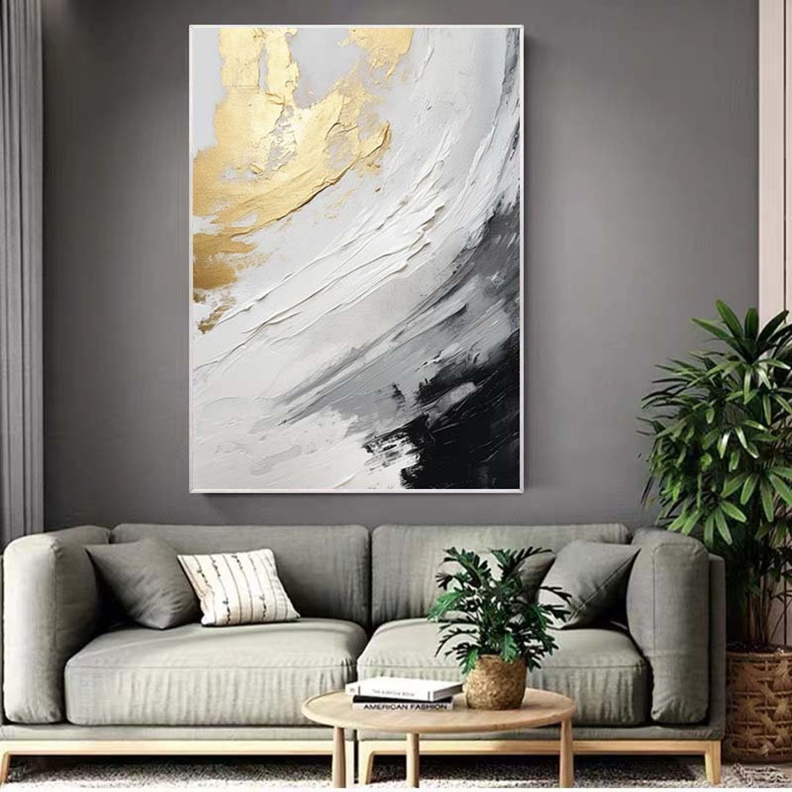 White Gold Grey Sweeping Abstract Impasto Modern Painting Poster - Image 7