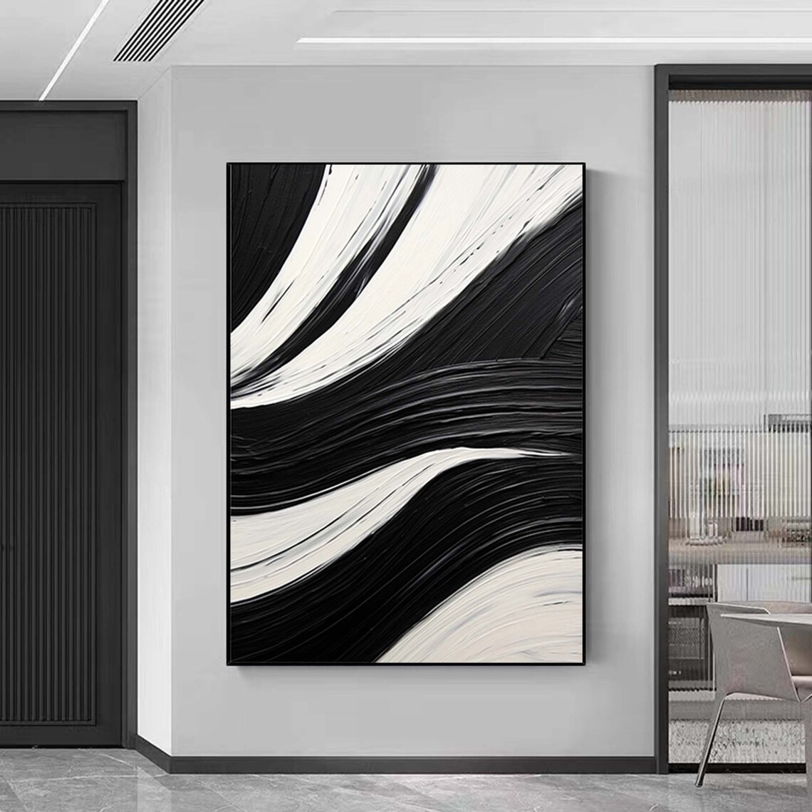 Minimalist Black And White Abstract Oil Painting Art Print - Image 6