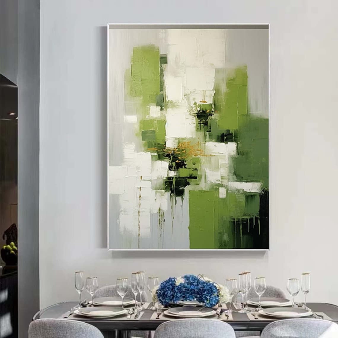 Green and White Textured Abstract Modern Botanical Wall Poster - Image 2