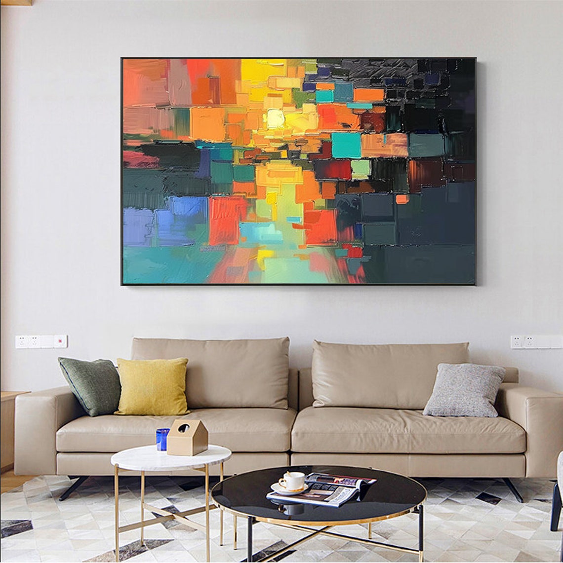 Vibrant Pixel Block Sunset Abstract City Glow Painting Poster - Image 5
