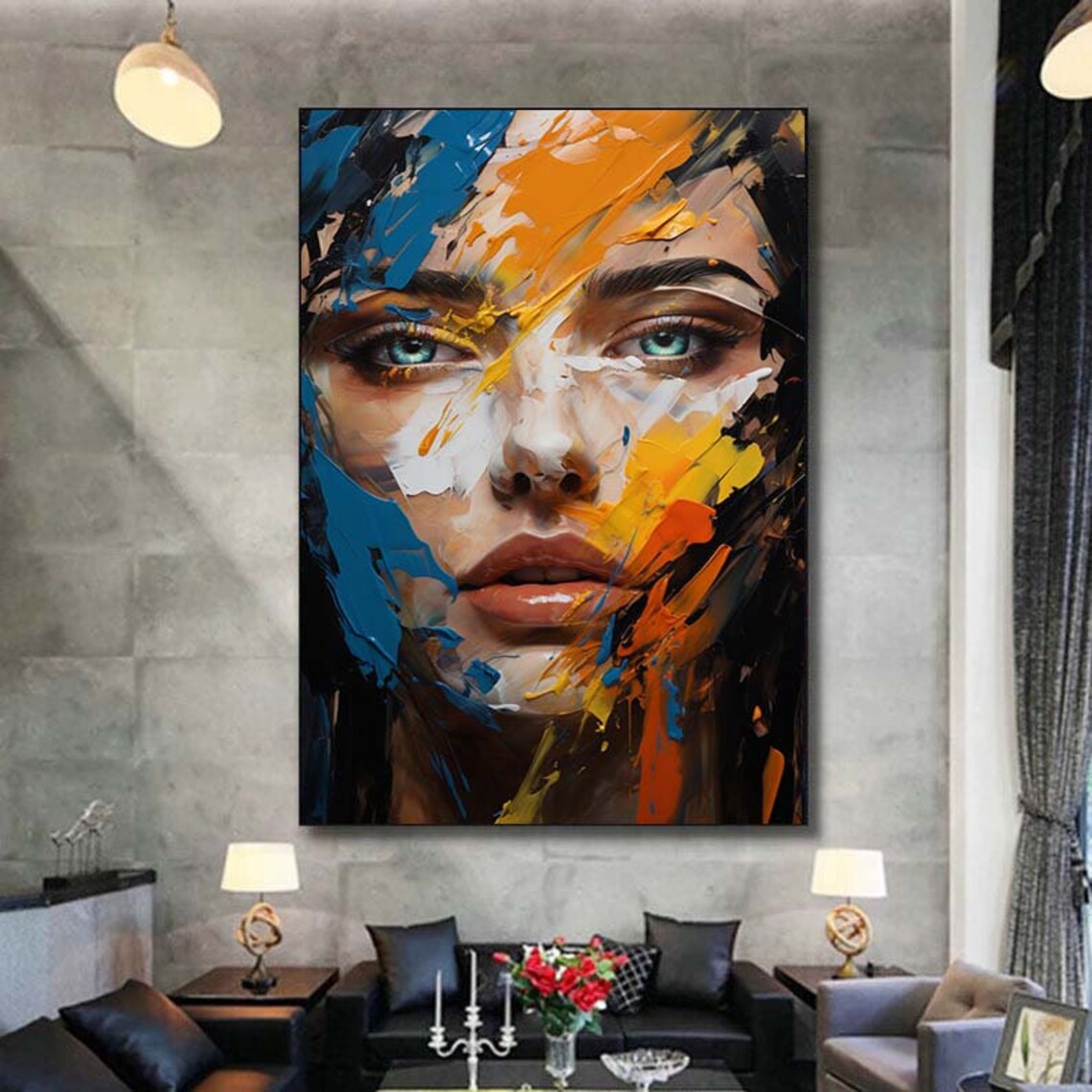 Colorful Abstract Facial Oil Painting Textured Face Of Girl Painting Figurative Wall Art Original Oil Painting Decorative Painting Room Art - Image 7
