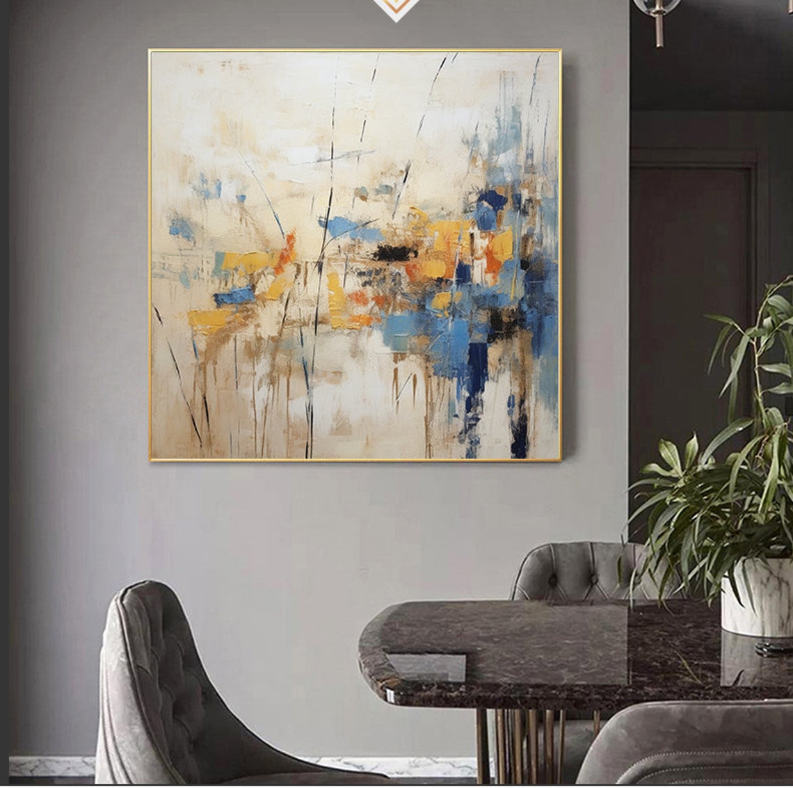 Cream Blue and Mustard Abstract Brushwork Square Wall Poster - Image 7