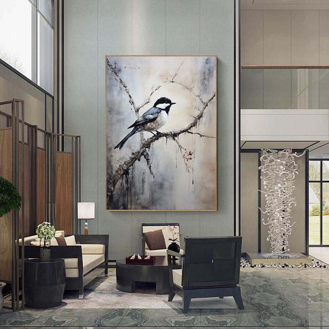 Black And White Chickadee Perched On Branch Misty Art Poster - Image 5